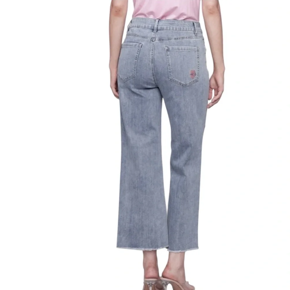 CHARLIE B Wide Leg Jeans Denim Whimsical Embroidered Icons Raw Hem Sz 8 - Picture 2 of 12